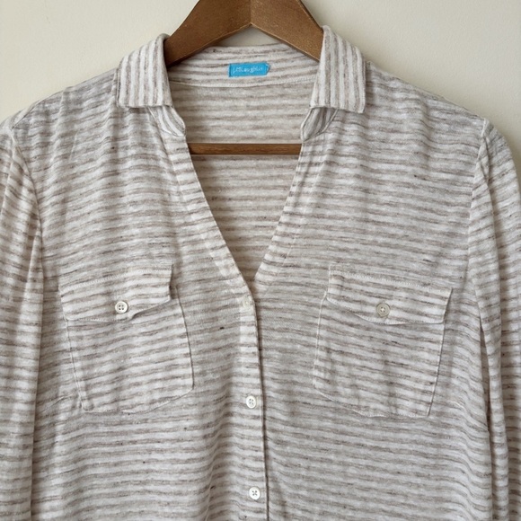 J. McLaughlin Brynn Linen Tan Striped Shirt XL - Picture 3 of 9